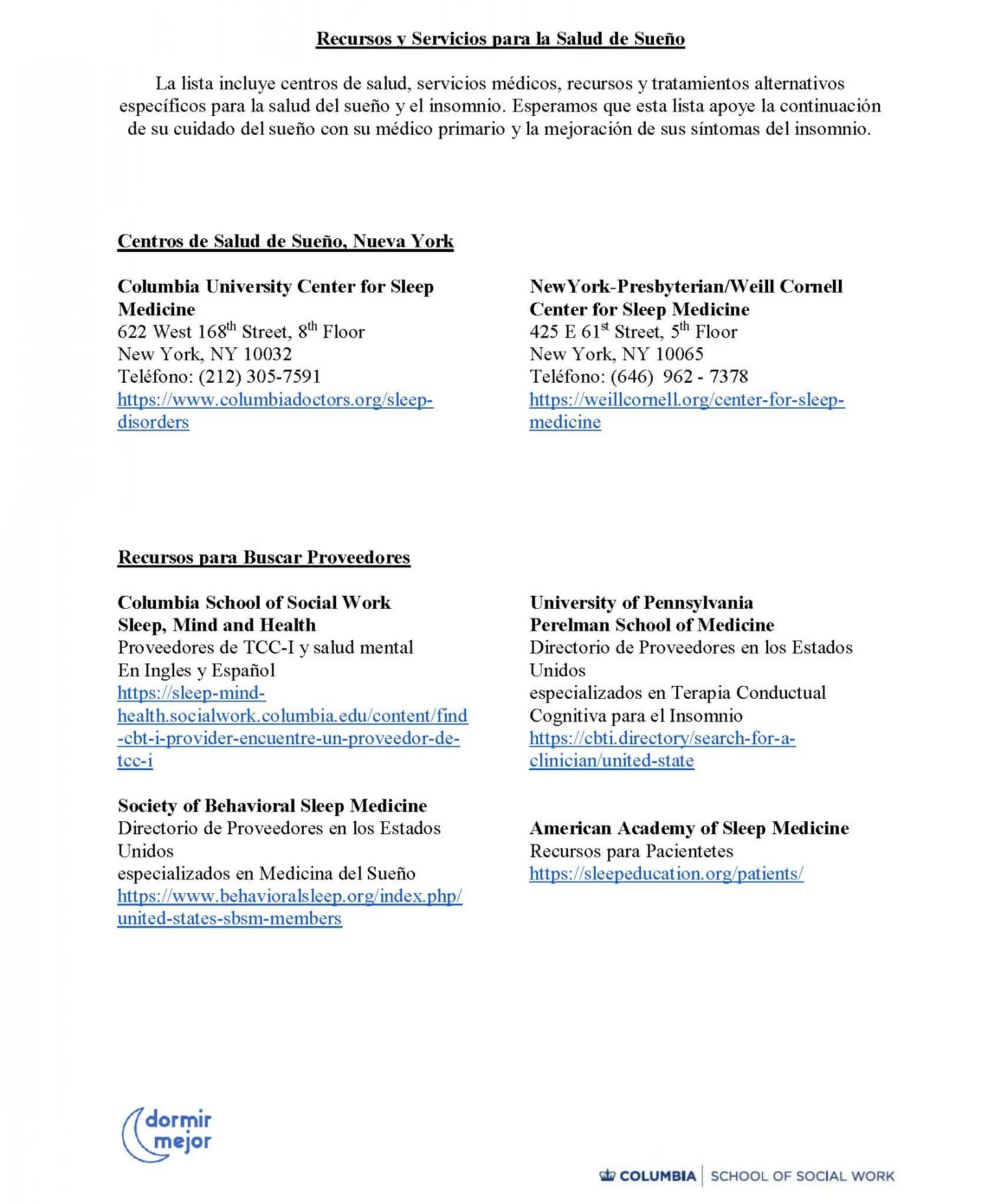 Clínicas en Nueva York para la salud del sueño y recursos para encontrar proveedores de sueño entrenados en TCC dentro del estado y en todo el país