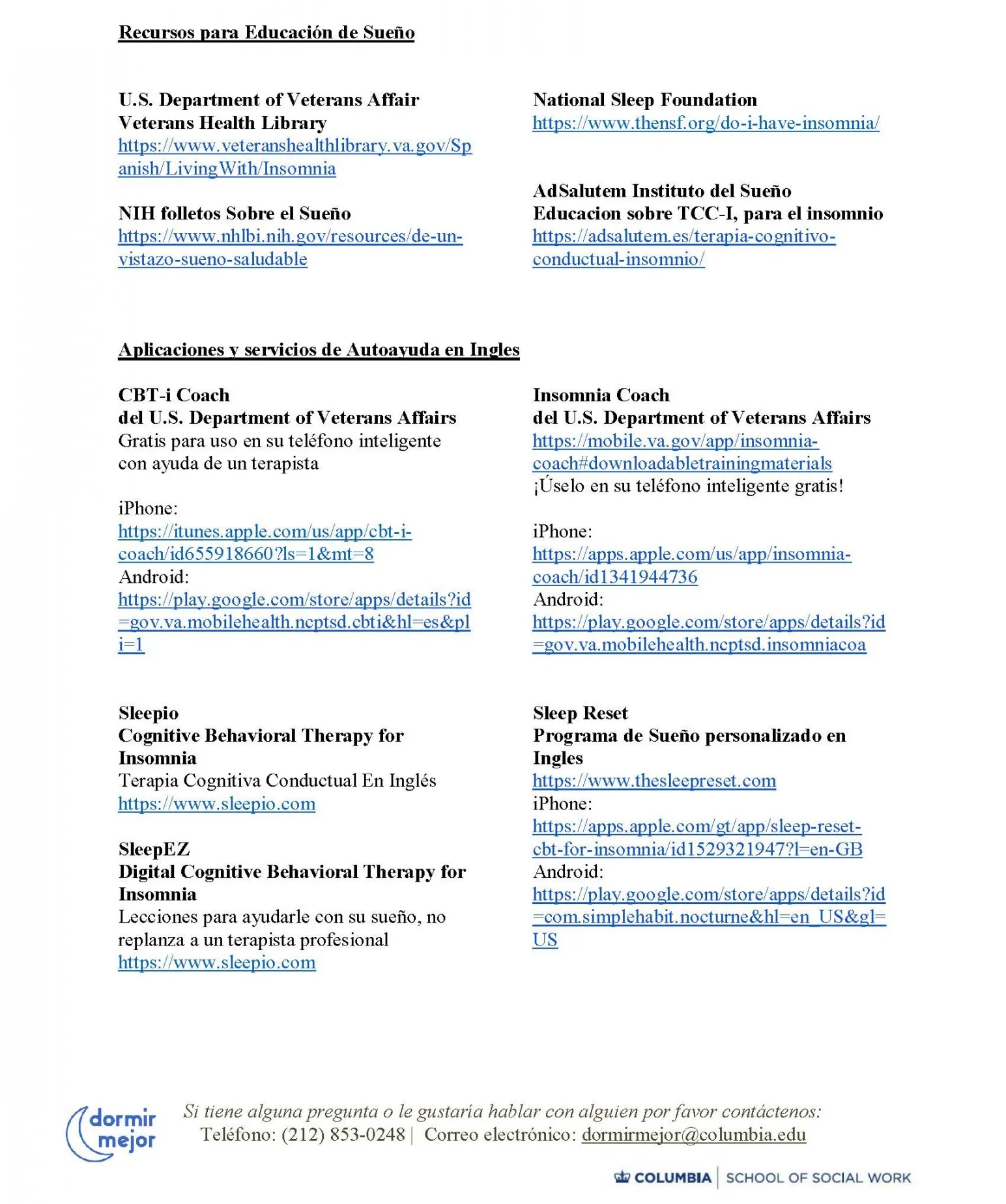 Recursos para la educación sobre el sueno, servicios del sueño y aplicaciones autoguiadas 