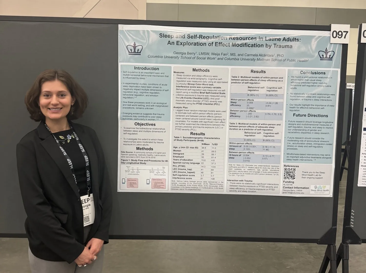 Georgia Berry with her poster, "Sleep and Self-Regulation Resources in Latine Adults: An Exploration of Effect Modification by Trauma"