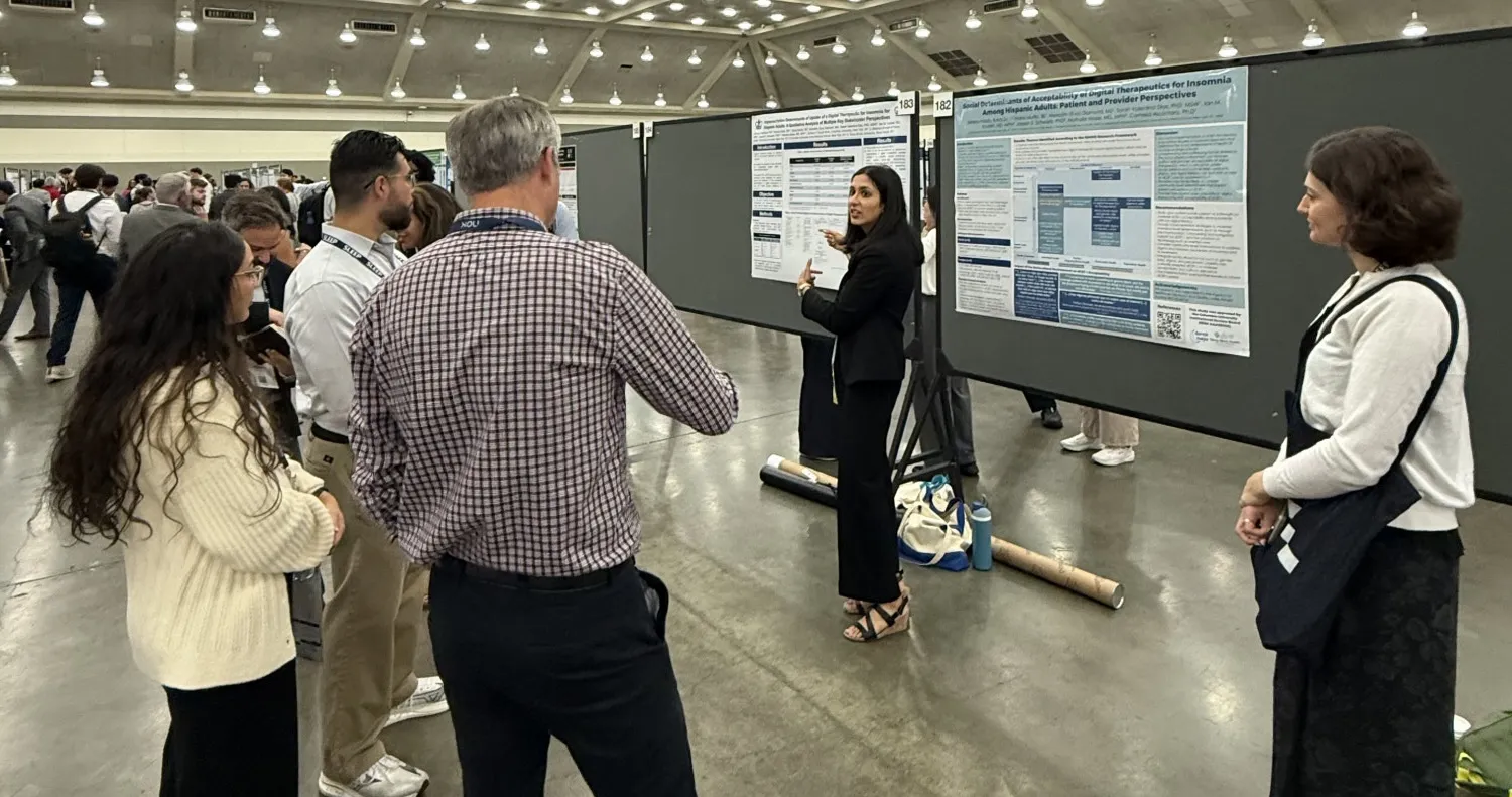 Serena Habib discussing her poster, "Social Determinants of Acceptability of Digital Therapeutics for Insomnia among Hispanic Adults: Patient and Provider Perspectives"